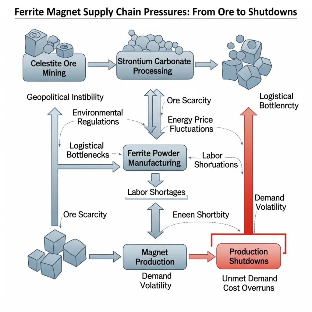 Flowchart illustrating ferrite magnet supply chain pressures from celestite ore to production shutdowns
