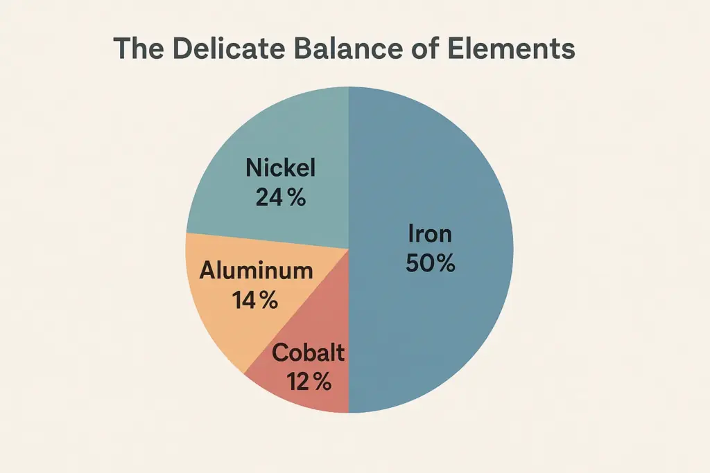 Pie chart illustrating the delicate balance of elements in Alnico magnets