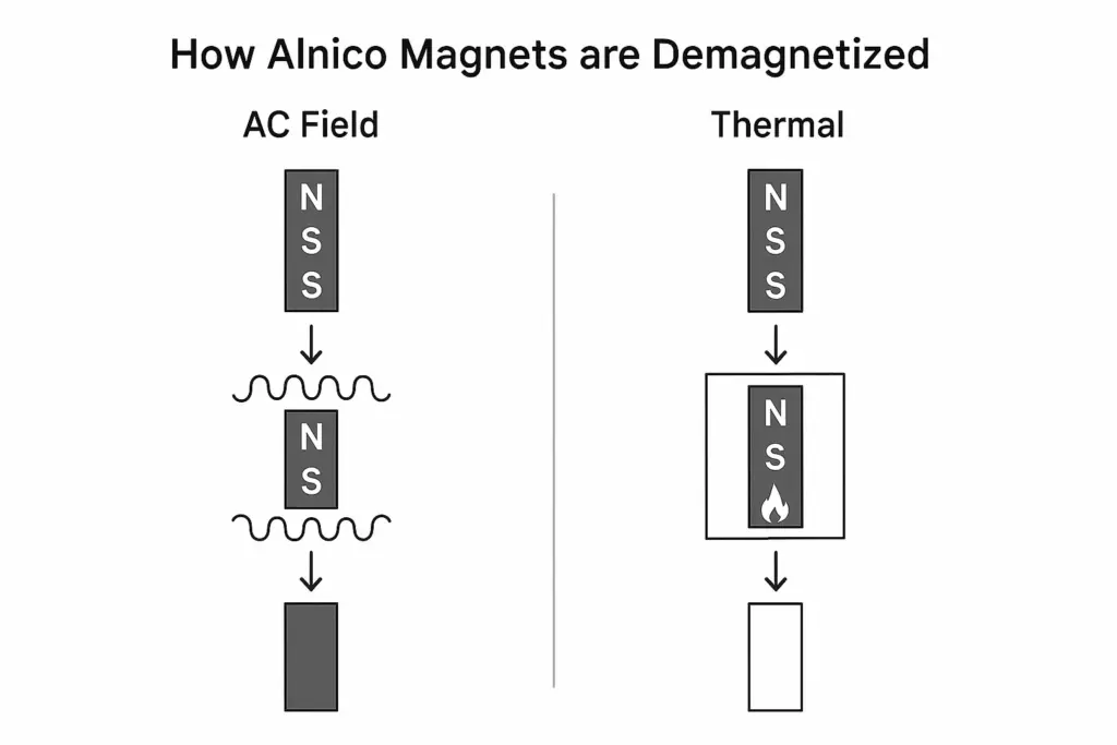 Step-by-step diagram of demagnetizing Alnico magnets using AC field and thermal methods