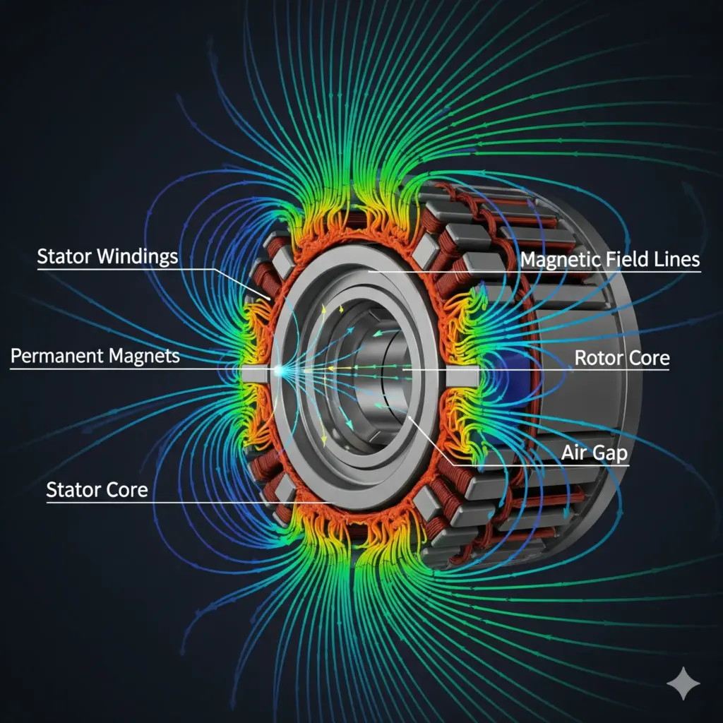 Cross-section of a permanent magnet synchronous motor in EVs showing magnetic fields